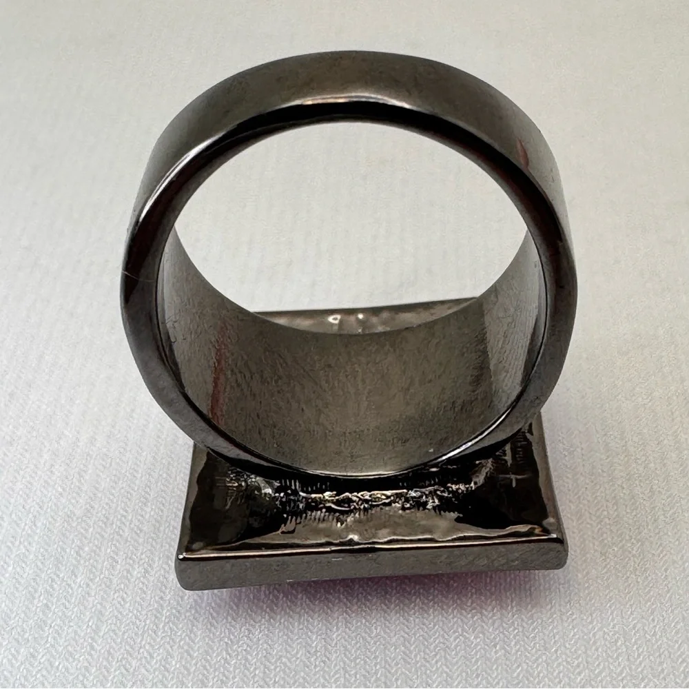 Pink Crystal Ombre Statement Ring Dark Gunmetal Tone Bold Square Ring